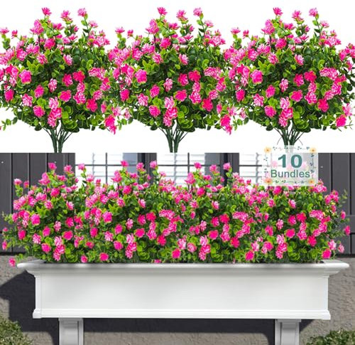 Satefello Künstliche Blumen für den Außenbereich, UV-beständige Kunstpflanzen, künstliche Sträucher, Frühlingsblumen, Dekoration von Vase und Fensterkasten, Farne für Pflanzgefäß, Rosa, 10 Bündel