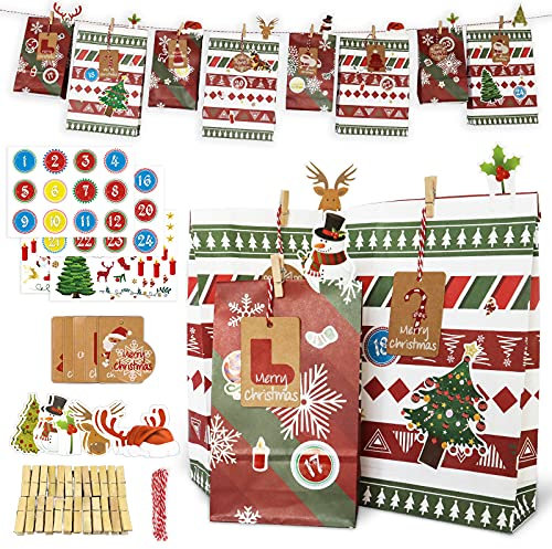 Ebingoo Adventskalender zum Befüllen Groß,2022 Adventskalender Tüten zum Befüllen Kinder,DIY Adventskalender Befuellbar Basteln Papiertüten mit 24 Dekotüten und Zahlensticker(Elch & Schlitten)