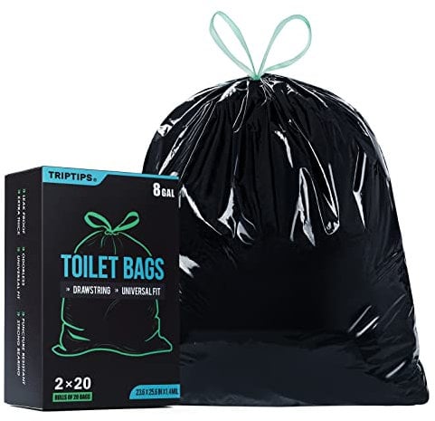 TRIPTIPS Toilet Waste Bags Portable Toilet Bags Drawstring 40 Count Toilet Liners Camping Toilet Bags for 5 Gallon Bucket, Trash Bags for Camping, Hiking, Leak-Proof, 8 Gallon (2 Rolls of 20 Bags)