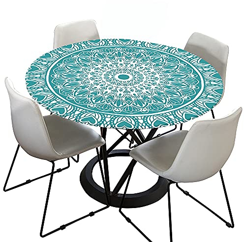 Morbuy Rund Tischdecke Elastisch, 3D Mandala Rund Tischdecken Wasserdicht Lotuseffekt Abwaschbar Abwischbar Tischtuch für Dekoration Küchentisch Garten Outdoor (Durchmesser 90cm,Türkis)