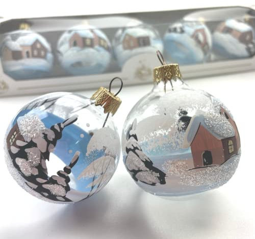 Sawrasko 060 Set mit 5 Christbaumkugeln Handgefertigte Christbaumkugel Weihnachtskugel Dorflandschaft und Winterlandschaft Weihnachtsbaumschmuck große 6 Zentimeter Feines Glas 5 Stück (Klar)