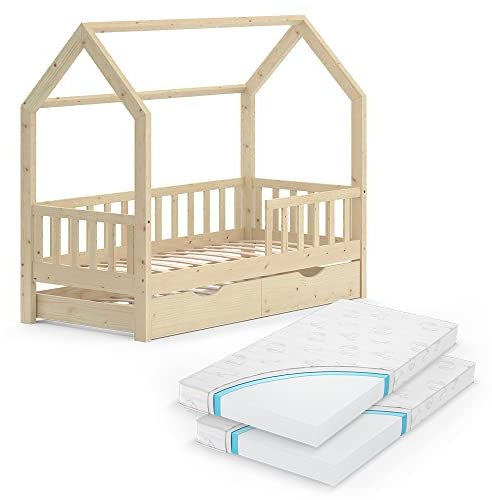 VitaliSpa Hausbett Wiki, Naturholz, 80x160 cm mit Gästebett und 2 Matratzen