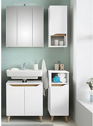 Lomadox Badezimmer Set, 4-teilig, mit Füßen in Holzoptik in Weiß Glanz mit Weiß Hochglanz, B/H/T ca. 95/200/33 cm
