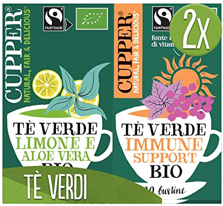 CUPPER Tè Verde al Limone e Aloe Vera Biologico e Fairtrade, Confezione da 20 Bustine e CUPPER Tè Verde Immune Support Biologico e Fairtrade con Ribes Nero, Acerola e Matcha, Confezione da 20 Bustine