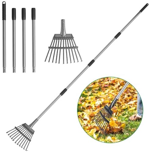 GreatBuddy Adjustable Leaf Rake, 8'' Wide Metal Rake, Perfect for Shrub, Flower Bed & Small Area, 29''- 72'' Expandable Stainless Steel Handle, Easy to Use