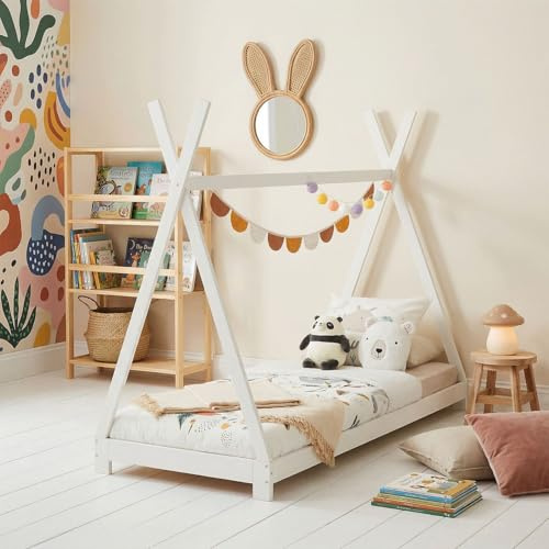 IDIMEX Tipi Bett ELIN aus massiver Kiefer in 90 x 190, Kinder Hausbett mit Dach, modernes Indianer Spielbett für Kinder, weiß lackiert