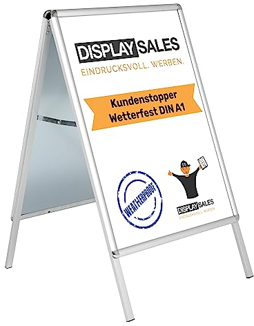 DISPLAY SALES Kundenstopper wetterfest A1 silber SLIM | Plakatständer mit 32 mm Rondo-Profil für DIN A1 Plakate | Poster Aufsteller mit Wasserablauflöchern | Kundenstopper outdoor inkl. 2 PET Folien
