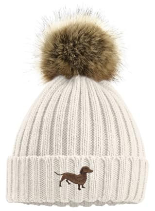 The House Of Dog: Dackel Wurst Hund Besitzer Geschenk Kunstpelz Pom Pom Grobstrick Super Weich Unisex Bestickte Beanie Mütze Haferflocken, hellbeige, Einheitsgröße