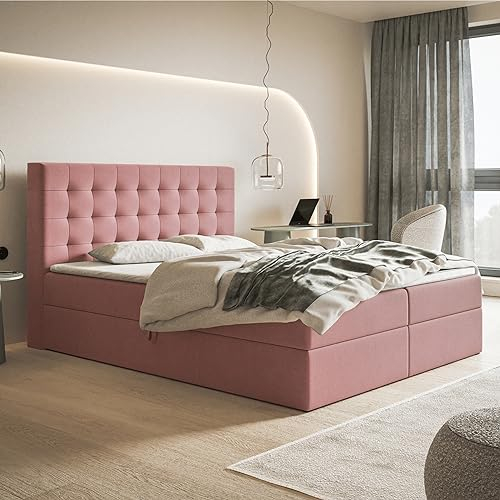 MOTIVENA Costa Boxspringbett 180x200 mit Bettkasten und Topper, Polsterbett 180x200 mit Bettkasten, Bonellfederkern-Matratze (H4), T28 Komfortschaumstoff Topper (H3), Samt, Rosa (Pink)