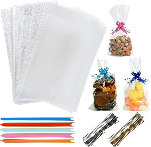 eHom Large Cellophane Bags 9 x 13 Inch (Pack of 50) Food Safe Cookie Bags with Mix Colors Pull Bows - Clear Bag for Gifts, Packaging, Wrapping Sweets Bags for Hamper Making for Birthday Party