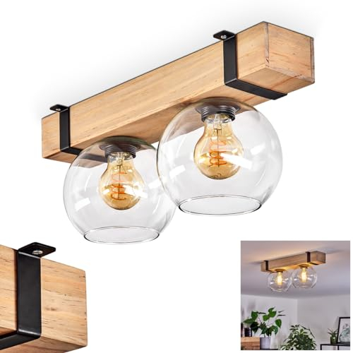 Deckenleuchte Montgomery, Deckenlampe aus Metall/Holz/Glas in Schwarz/Natur/Klar, skandinavischen Design mit Holzbalken und Schirmen aus Glas (Ø 15 cm), 2 x E27, ohne Leuchtmittel