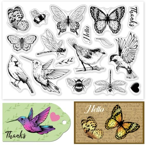 INFUNLY Vogel-Stempel Schmetterling Durchsichtige Stempel Für Die Kartenherstellung Libelle Silikonstempel Insekten-Biene Gummistempel „Hallo Danke“ Transparente Stempel Für Scrapbooking
