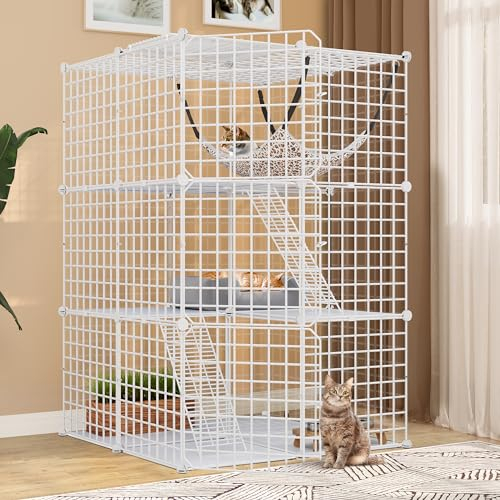 YITAHOME Jaula para Gatos Exterior/Interior, Recinto para Gatos con 3 Puertas, 2 Escaleras, Corral de Metal para Gatos de 3 Niveles con Hamaca, Jaula para 1-2 Gatos, Chinchilla, Blanco, 72x72x104cm 1
