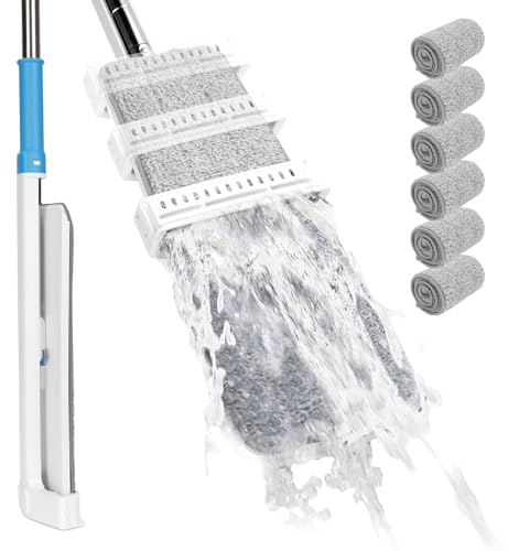 Masthome bodenwischer,132cm Wischmopp aus Mikrofaser mit Edelstahlgriff,Wischmopp mit Auswringfunktion mit 6 Wiederverwendbare Mopp Pads für Hartholz, Laminat, Fliesen, Bodenreinigung - Blau