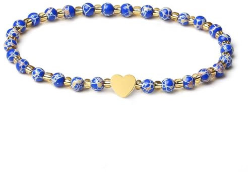 MetJakt Handgemachter Naturstein Perlenarmband 4MM Mini Stretch Armband Energiearmbänder 18k vergoldet Herz Armbänder für Damen Damenschmuck Echtes (Blauer Meeresablagerungs-Jaspis)