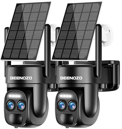 BEENOZO 4K Camera Surveillance WiFi Exterieure/Interieure sans Fil avec Double Objectif 360° PTZ, avec Panneau Solaire, Détection Humaine AI, Nocturne Couleur, Sirène,Audio Bidirectionnel, 2pcs
