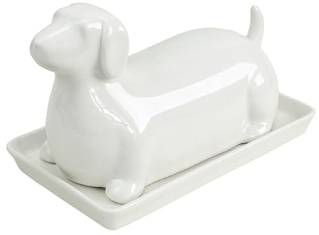 Colias Wing Dachshund Shaped Ceramic Butter Dish with Lid, White Or Ivory, Dachshund Pattern