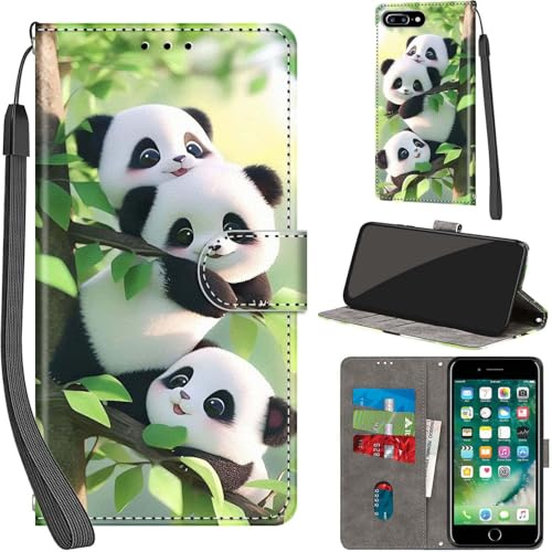 PHINIENLAND Wallet Flip Case for iPhone 7 Plus/iPhone 8 Plus Leather Pandas | 3 Card Slots & 1 Cash Pocket, Magnetic Closure, Kickstand, Premium PU Leather flip cover for iPhone 7 / 8 Plus