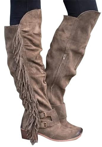 Stivali sopra il ginocchio, da cowboy con frange, stivali western da donna, in pelle scamosciata, stivali lunghi al ginocchio, stivali da equitazione, da lavoro, invernali, cachi, 38 EU