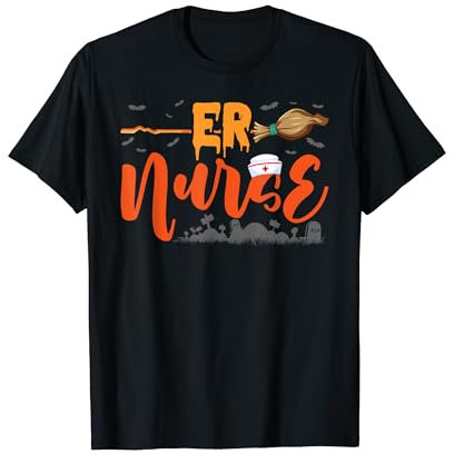 ER Nurse Halloween ED Emergency Room Nursing Witch on Broom T-Shirt