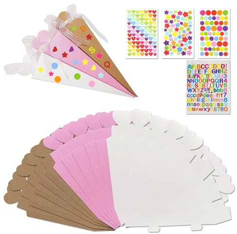 NCOALE 30 Stück Mini Schultüten zum Befüllen, Faltbare Schultüte Klein Geschwister Schultüte mit Aufklebern und Band, Kleine Schultüte Junge Mädchen DIY 20cm Kleine Zuckertüte Klein für Kinder