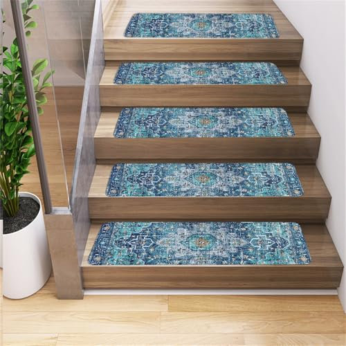 Surwin Stufenmatten rutschfest Treppenstufen Matten mit Persischer Ethnostil, Weich Rechteckig Innen Stufenteppich Gummirücken Treppenteppich Stufenteppich Treppenmatten (10 Stück,Blau)