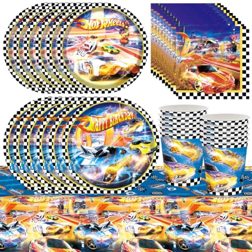 51Pcs Cars Vaisselle Anniversaire, Décoration de Fête d'anniversaire pour Enfants, Voiture de Course Set de Vaisselle pour Fête d'anniversaire, Nappe, Assiettes, Gobelets, Serviette