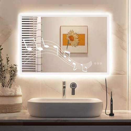 Habison 60x90cm Badezimmerspiegel Mit Licht Mit Bluetooth, Badspiegel Mit Beleuchtung mit Defogger, Dimmbar, 3 Lichtfarben, Speicherfunktion, Mit Ladebuchse Für Elektrische Zahnbürste