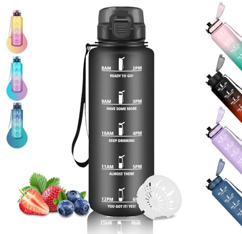 Trinkflasche 1 5 liter, Trinkflasche Sport, Trinkflasche Auslaufsicher, Trinkflasche mit Zeitmarkierung, Kann mit Dir Tragen, Trinkflasche Fitnessstudio, für Running, Camping, Wandern, Yoga, Schwarz