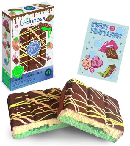 BODYNESS Bath Bomb Dubai Chocolate - 8 Badebomben in Schokoriegelform, Badekugeln für Hautpflege und Entspannung mit mit Schokoladenaroma und Jojobaöl, 8x 220g