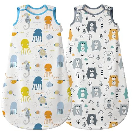 Mosebears Baby Schlafsack Sommer 2-Packung, Cute Animal Cartoon waschbare Decke 0,5 tog für Mädchen und Jungen, tragbare Decke ohne Ärmel Schlafsac (Bärenfisch, M (6-12 Monate))