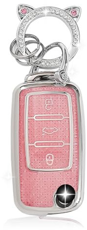 ZVRSUA Coque de Clé de Voiture pour VW，Joli Porte Clé，Accessoire Voiture Compatible avec VW Caddy Jetta Bora Beetle Golf Polo Passat Scirocco Sharan Touran Tiguan T5 Skoda Seat Ibiza Leon (Rose)