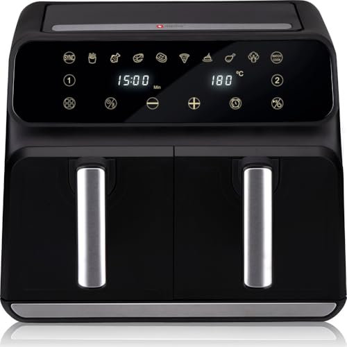 BAKAJI Friggitrice ad Aria XXL con Doppio Cestello, Airfryer Senza Olio con Display Touch e 2 Cestelli, Air Fryer con Programmi e Timer Preimpostati per Cuocere, Cucinare Sano (8 Litri)