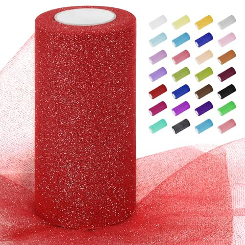 Uiopa Rouleau de Tulle Rouge 15cm x 22m Tulle Mariage Pailleté Polyester Decoration Ruban Tissu de Maille pour Tutu Jupe, Deco Voiture Mariage, Deco Fête, Artisanat
