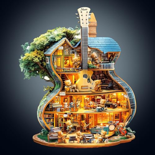 Wooden Puzzles for Adults, 190pcs Music House Wood Puzzle, Unique Animal Shape Puzzles with Wood Box, 34 * 28.4cm Wooden Puzzle for Family Game and Birthday Gifts for Friend