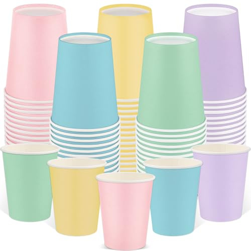 Confezione da 100 bicchieri di carta colorati arcobaleno pastello, 255 ml, bicchieri di carta usa e getta, per feste di compleanno, vacanze, 5 colori