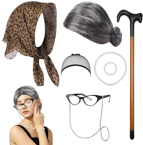 YOUYIKE Oma Kostüm Alte Frau Lustig Damen Set PerüCke Oma Brille Mit Kette Fasching Karneval Halloween Alter Mann Cosplay Rentner Kostüm Mit Krücken