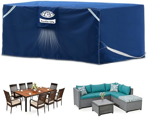 Turtle Life Gartenmöbel-Abdeckung Wassserdicht,150x90x74cm,Gartentisch Schutzhülle mit Belüftungsöffnungen,Robustes 300D GRS-Zertifiziert Recycled,Anti-UV, Winterfest