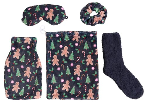OHS Navy Gingerbread Hot Water Bottle Gift Set, Winter Christmas Gifts for Women Includes 750ml Hot Water Bottle with Cover, Eye Mask, Fluffy Socks, Fluffy Scrunchie, Draw String Bag