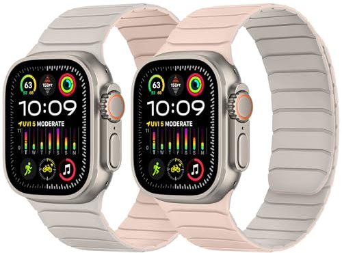 Tasikar Bracelet Magnétique Double Face Compatible avec Apple Watch 42(Serie 11/10) 41mm 40mm 38mm, Bande Sport en Silicone Souple pour iWatch SE série 11 10 9 8 7 6 5 4 3, Lumière d'étoile-Rose