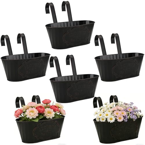 Yocdunm 6 pcs Iron Hanging Flower Pots Vintage Hanging Plant Pots 27.5cm Over Fence for Balcony Railing With Drainage Decorative Railing Planter for Porch Railing Balcony Fence (Black)