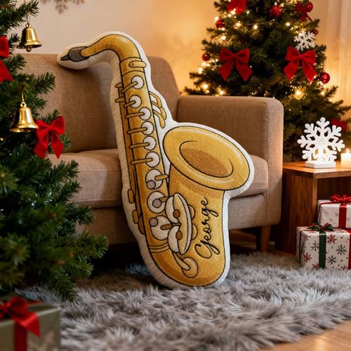 Drawelry Personalisierte Name Kissen Instrument Musik Deko Zierkissen Gitarre Violine Mikrofon Saxophon Cartoon Throw Pillow Plüsch Kopfkissen Wohn Dekoration Geschenk für Familie Freunde Kinder (F9)