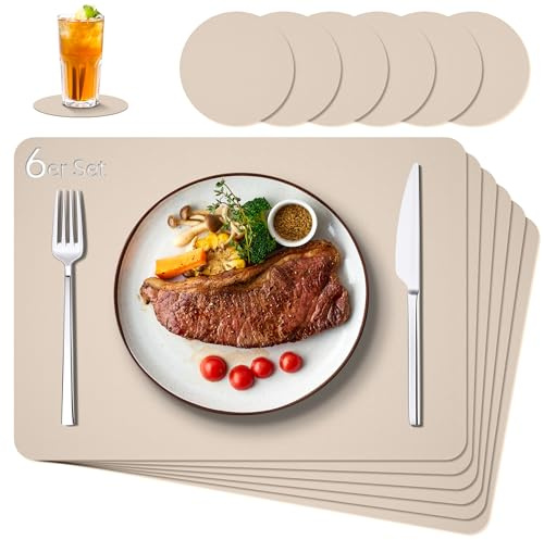 IKWOLETI Tischsets Abwaschbar mit Untersetzer - 6er Set Platzsets Abwaschbar aus Kunstleder - Doppelseitige Platzdeckchen in Lederoptik - Ideal für Küche und Büro Grauweiß