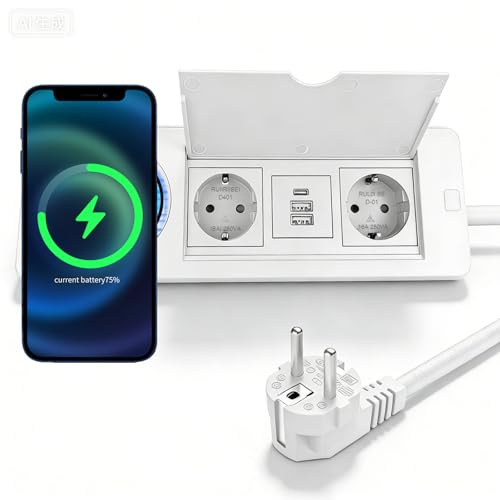 Regleta de enchufes retráctil USB C PD 20W y 15W Carga inalámbrica, Enchufe empotrable de 2 tomas, Enchufe de mesa, Enchufe de mesa para escritorio de oficina, cocina, Blanco, Cable de 1.5M, Leikurvo