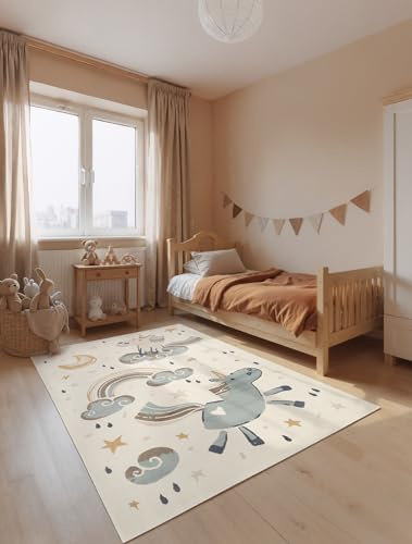 Hanse Home Adventures Kinderteppich Einhorn - Kinderzimmerteppich Regenbogen, Mond Sterne Motiv, Spielteppich, Junge, Mädchen, Teppich Kinderzimmer, Wohnzimmer - Creme Mulitfarben, 200x290 cm