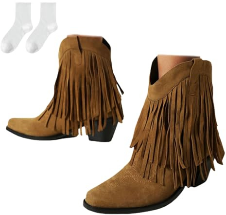 Stivaletti Cowboy Donna con Frange, Stivaletti Western con Zeppa Punta Tonda, Stivaletti Corti Stile Boho, Scarpe Comode Autunno Inverno per Uso Quotidiano Tempo Libero e Viaggio,Marrone,41 EU