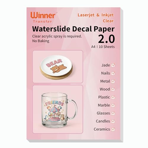 Waterslide Decal Paper Clear 2.0 A4 10 Sheets (IW0-2.0-10) | Printable Water Slide Decals for Inkjet & Laser Printer Transparent for Mugs,Tumblers, Models