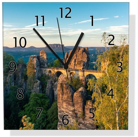 Wallario Design-Wanduhr Steinerne Brücke in der Landschaft aus Glas, Motiv-Uhr Größe 30 x 30 cm, Schwarze Zeiger