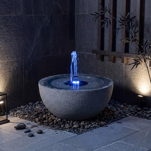 COSTWAY Solarbrunnen für draussen, Solar Springbrunnen mit LED Beleuchtung in 7 Lichtfarben & 4 Düsen, Gartenbrunnen Marmoroptik, Brunnen Solar Outdoor, für Garten Balkon Terrasse, 50,5 x 50,5 x 25 cm