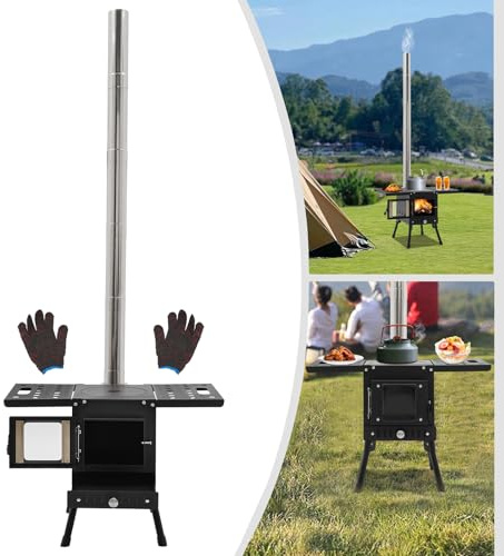 KIGNIEK Stufa a legna da campeggio, stufa a legna pieghevole, fornello da campeggio per tenda, forno da cucina per esterni con camino, camino da campeggio, stufa da terrazza, per barbecue, giardino
